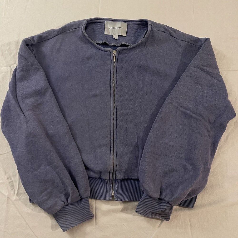 Amour Vert Organic Cotton Full Zip Sweater Size Large Made In USA Faded Blue
